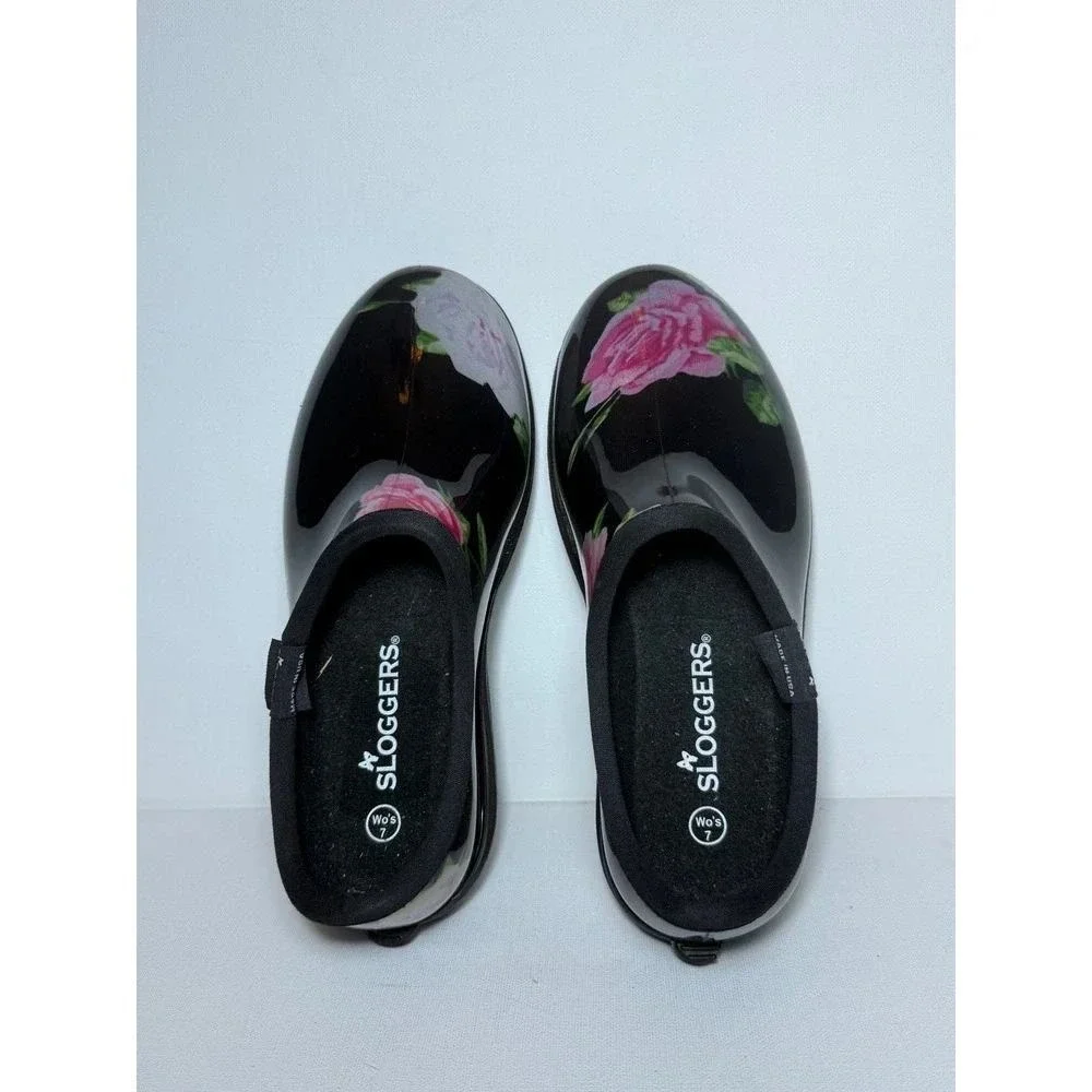 Sloggers Rain and Garden Black Clogs W Bright Pink and White Florals Sz 7 NWOT
